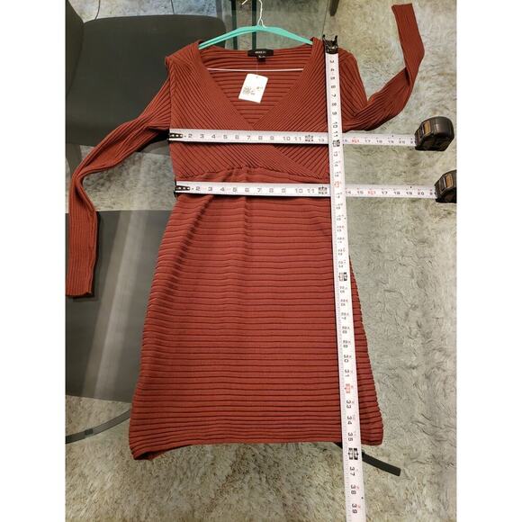 Forever 21 Fit & Flare Dress Women's Size OX Brown Rayon Ribbed Knit Long Sleeve - Picture 9 of 13